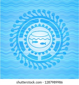 fishbowl with fish icon inside sky blue water wave emblem.