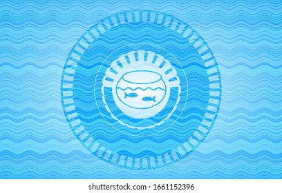 fishbowl with fish icon inside sky blue water wave emblem background.