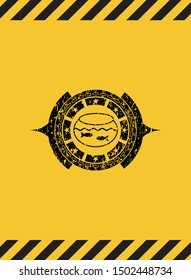 fishbowl with fish icon inside warning sign, black grunge emblem. Vector Illustration. Detailed.