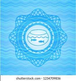 fishbowl with fish icon inside water emblem background.