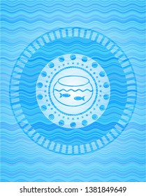 fishbowl with fish icon inside water wave emblem background.