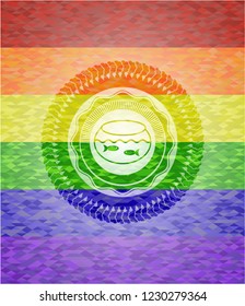 fishbowl with fish icon on mosaic background with the colors of the LGBT flag