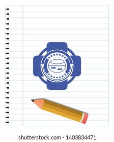 fishbowl with fish icon pen draw. Blue ink. Vector Illustration. Detailed.