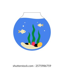 Fishbowl With Goldfish, Plants, And Pebbles In Flat Vector Illustration Symbolizing Aquarium Life, Relaxation, And Minimalist Decor, Isolated On White Background