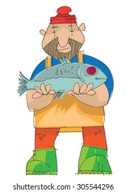 fisher with big fish in his hands - cartoon