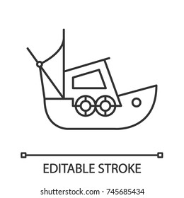 Fisher boat linear icon. Thin line illustration. Coble. Yacht. Contour symbol. Vector isolated outline drawing. Editable stroke