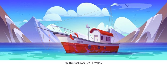 Fisher boat in sea vector cartoon illustration scene. Lake nature with vessel catching fish process marine background. Beautiful calm nautical northern horizon view with mountain ridge peak.