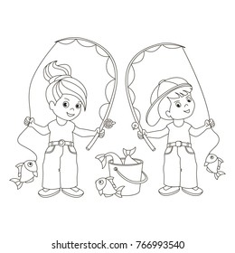 Fisher Boy and Girl cartoon. Colorless outlined illustration to be colored with thin line black stroke