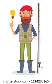 Fisher cartoon character. Fishermen with a good idea. Vector illustration on white background