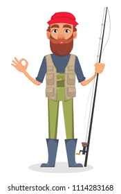 Fisher cartoon character. Fishermen holding fishing rod and showing ok sign. Vector illustration on white background