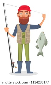 Fisher cartoon character. Fishermen holding fishing rod with caught fish. Vector illustration on white background