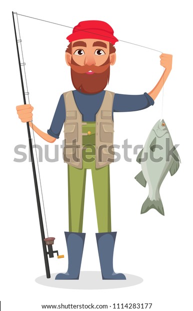 フィッシャーの漫画のキャラクター 釣り竿を持つ漁師 白い背景にベクターイラスト のベクター画像素材 ロイヤリティフリー