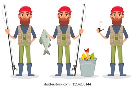 Fisher cartoon character, set of three poses. Fishermen with fishing rod, with caught fish and with smoking pipe. Vector illustration