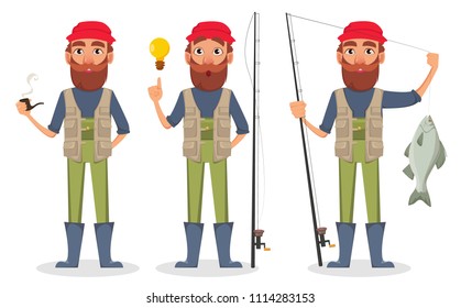 Fisher cartoon character, set of three poses. Fishermen with smoking pipe, with a good idea and with fishing rod and fish. Vector illustration