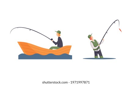 Fisher or Fisherman in Rubber Boots Capturing Fish from Water Vector Set