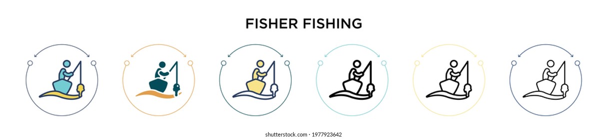 Fisher fishing icon in filled, thin line, outline and stroke style. Vector illustration of two colored and black fisher fishing vector icons designs can be used for mobile, ui, web