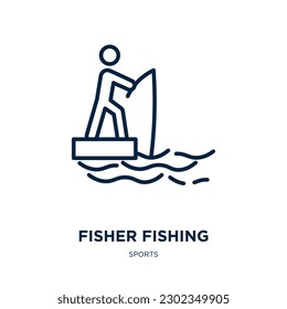 fisher fishing icon from sports collection. Thin linear fisher fishing, fishing, fish outline icon isolated on white background. Line vector fisher fishing sign, symbol for web and mobile