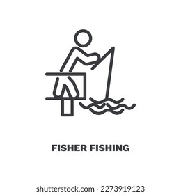fisher fishing icon. Thin line fisher fishing icon from sport and game collection. Outline vector isolated on white background. Editable fisher fishing symbol can be used web and mobile