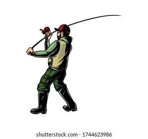 Fisher with fishing rod in vintage style isolated vector illustration