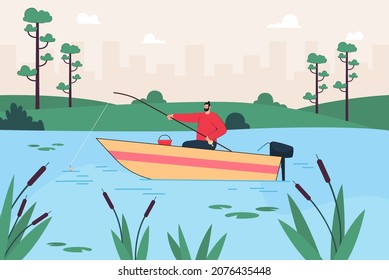 Fisher with fishing rod waiting for fish catch. Man sitting in boat floating on blue waters of river or lake landscape flat vector illustration. Active outdoor recreation, summer nature concept