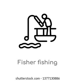 Fisher Fishing Vector Line Icon. Simple Element Illustration. Fisher Fishing Outline Icon From Sports Concept. Can Be Used For Web And Mobile