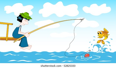 Fisher and goldfish. Vector cartoon illustration.