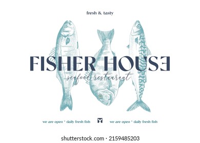 Fisher house logo concept for fishing shop, retro icon logo. Fishing shop or seafood restaurant vector template design.