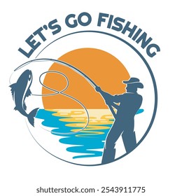 Logotipo Fisher deixa ir pescar. Emblema colorido de pescador com vara de pesca e peixe viciado ilustração vetor isolado