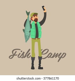 Fisher Making a Selfie with a Fish. Vector Illustration Collection 