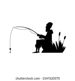 Fisher man black silhouete cartoon character vector illustration isolated on white background. Fishermen or angler holding fishing rod with caught fish contouring image.