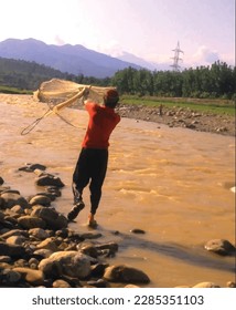 A fisher man catching fishes in the river is a captivating countryside park nature water color painting great for decoration ,textile fabric print ,book cover ,card