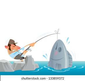 A fisher man fighting to get out of the sea a big fish