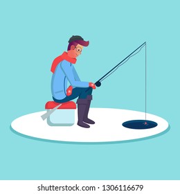 Fisher man holding fishing rod on winter fishing, season fishing. Vector cartoon character on holiday, trip. illustration. Flat design style