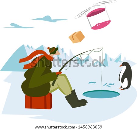 Fisher man Recieve Parcel on ice from Fast Drone Devivery. Worldwide shipping concept