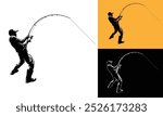 Fisher Man Silhouette, for Art Illustration, Fisherman holding a curved fishing rod, silhouette figure