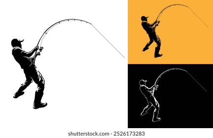 Fisher Man Silhouette, for Art Illustration, Fisherman holding a curved fishing rod, silhouette figure