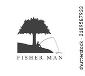 Fisher Man sitting under the tree logo icon sign symbol vector illustration