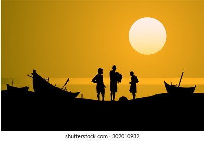 Fisher men at Early Morning Seashore