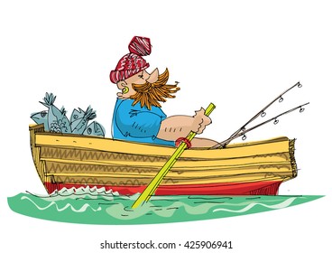 fisher in paddle boat - cartoon