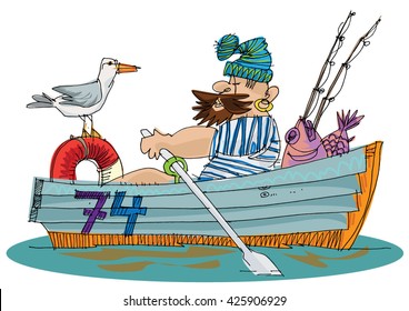 fisher in paddle boat - cartoon caricature