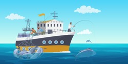 Fisher People In Fishing Vessel Boat Vector Illustration. Cartoon Flat Commercial Fishing Industry Background With Fisherman Working, Catching Fish Seafood And Using Net. Ocean Or Sea Nature Landscape