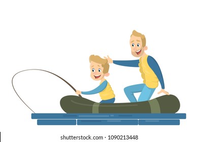 Fisher people. Isolated man with son fishing on boat.