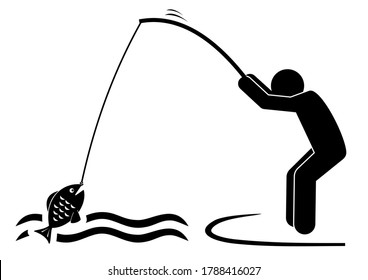 Fisher, Person With Fishing Rod And Fish, Black Silhouette, Vector Icon