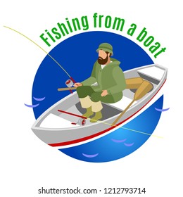 Fisher in protective clothing during fishing from boat on blue round background isometric vector illustration