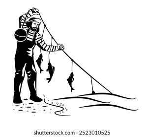 A fisher pulls out a trotline with buoy and catched fish while standing on the shore. Good fishing. Professional fishing. Black and white vector illustration.