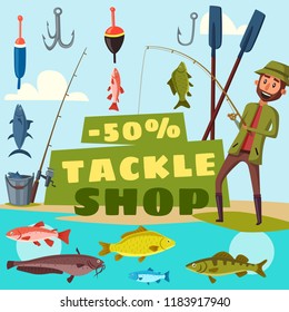 Fisher shop advertisement, fishing tackles offer. Vector cartoon design of fisher man with rods, baits and bookers or fish catch on hook with trout or pike and salmon