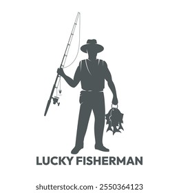 Fisher silhouette. Fisherman posing with rod and catch isolated vector illustration