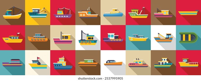 Conjunto de iconos de embarcación Fisher. Coloridos iconos de barcos de pesca colección que presenta varios tipos de barcos utilizados para pescar en un estilo de diseño plano