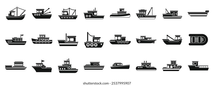 Fisher vessel icons set. Set of fishing boat icons representing various types of watercraft used for commercial and recreational fishing