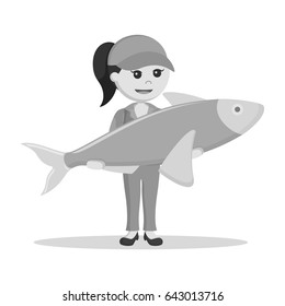 fisher woman holding giant fish black and white style